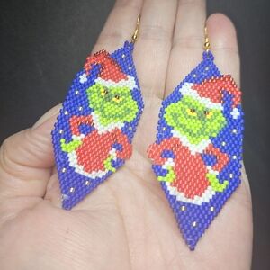 Handmade Beaded Christmas Grinch Earrings